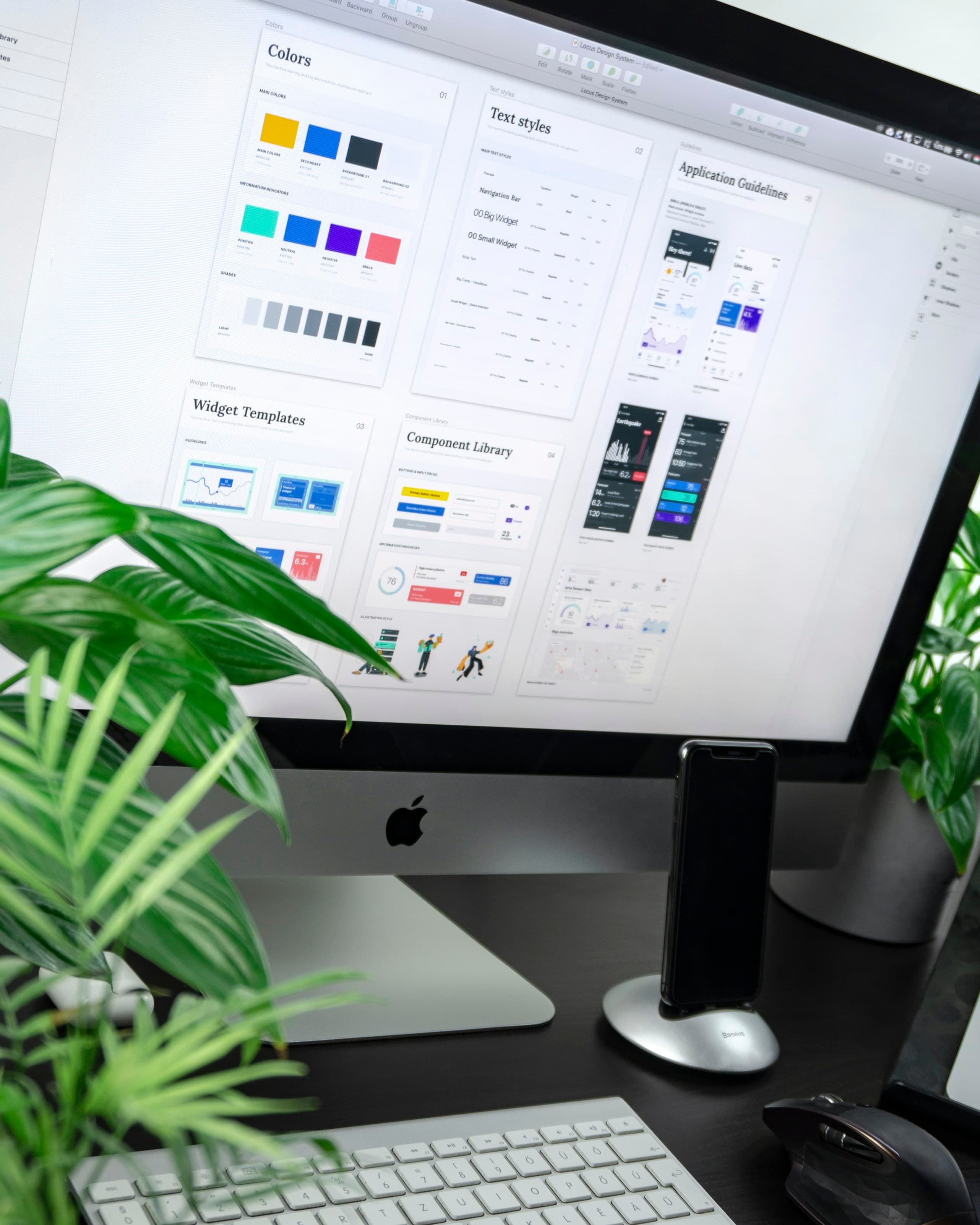 Website design system and interface components on a desktop screen