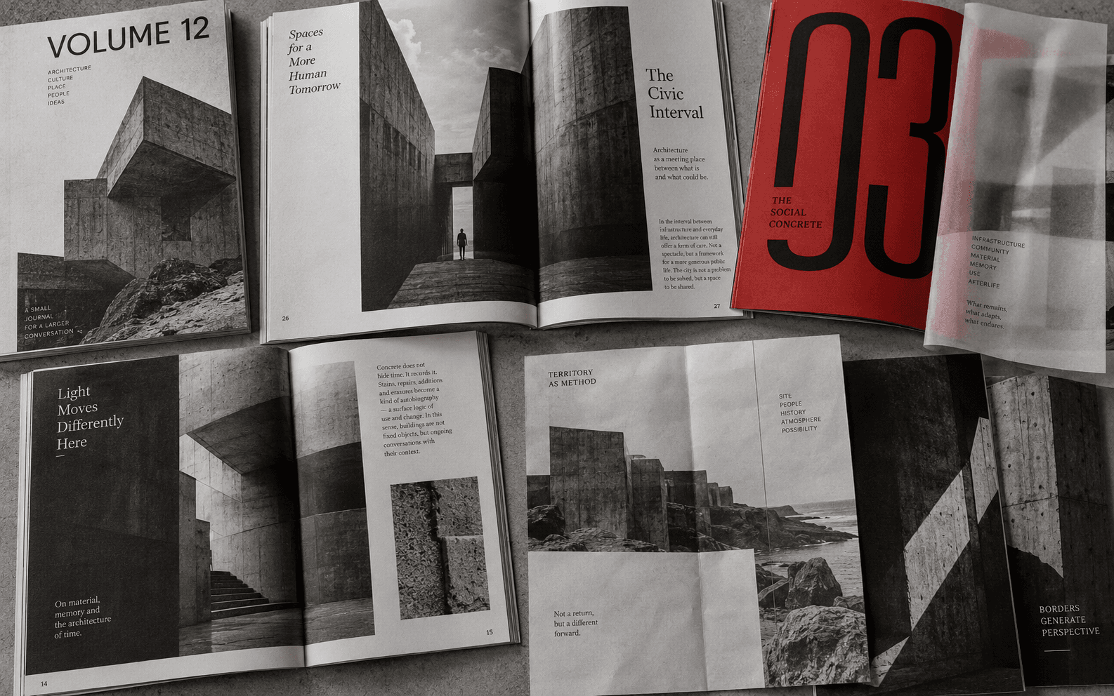 Volume 12 architecture journal with bold typographic and editorial layouts