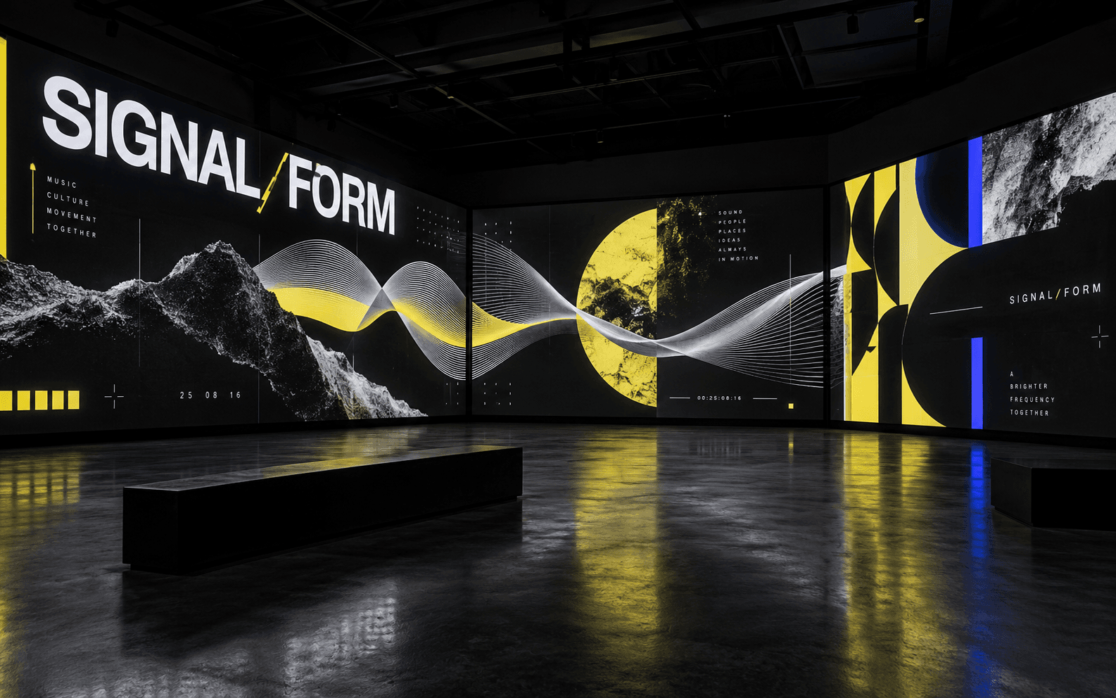 Signal Form motion identity displayed across an immersive gallery installation