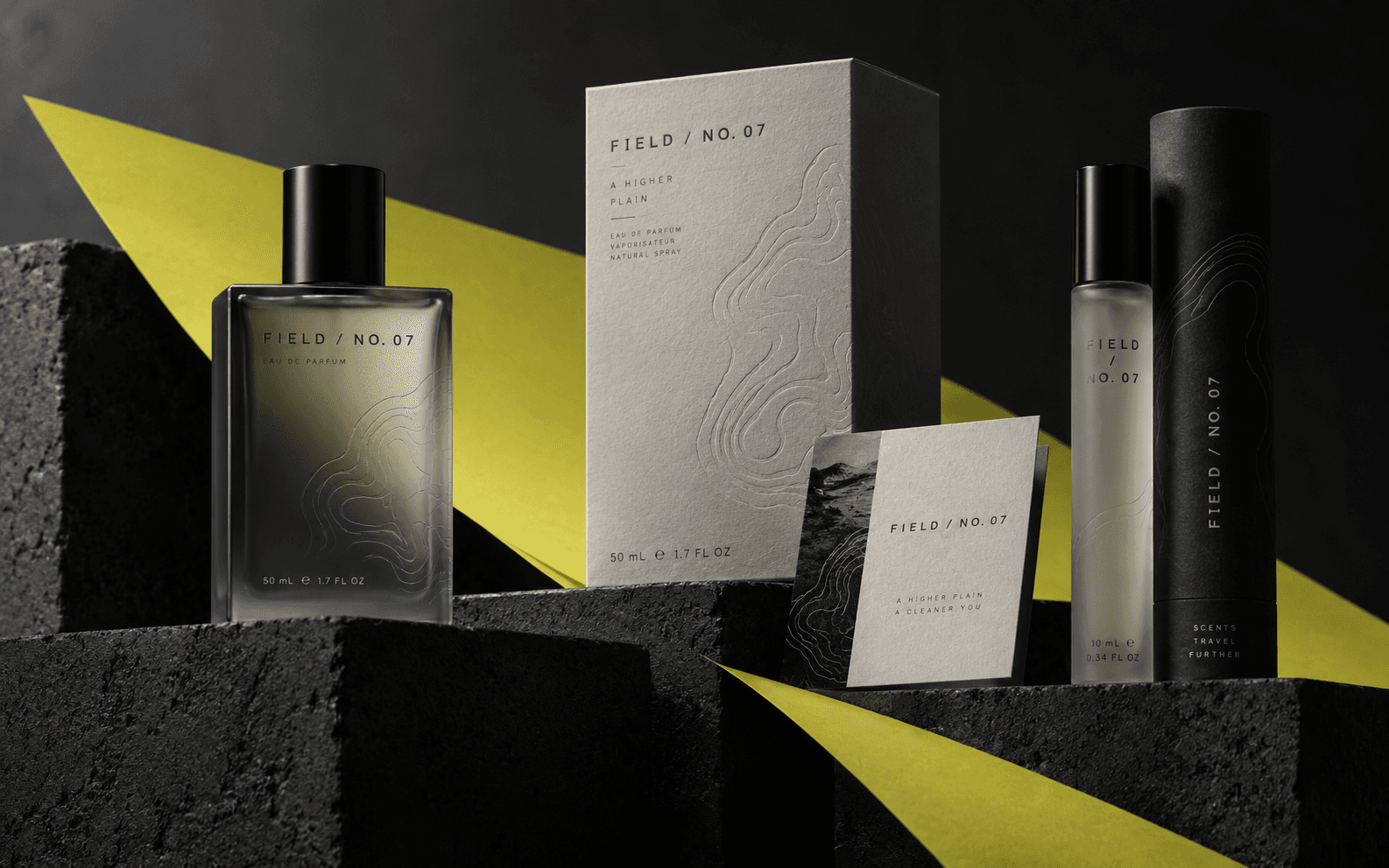 Field No. 07 fragrance packaging system in black, bone, and acid yellow