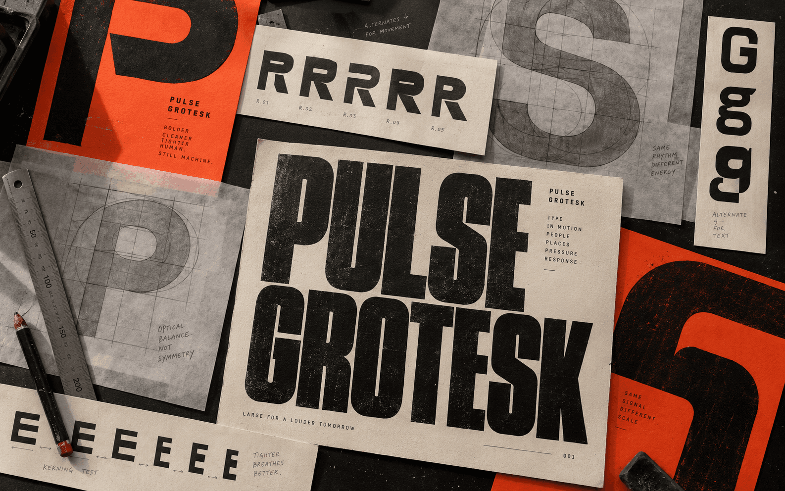 Pulse Grotesk custom typeface development with printed letterform studies